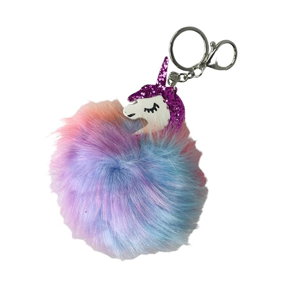 Furry Unicorn Bag Charm Keychain 7" Faux Fur Tie Dye Puff Ball Fob Pink Glitter